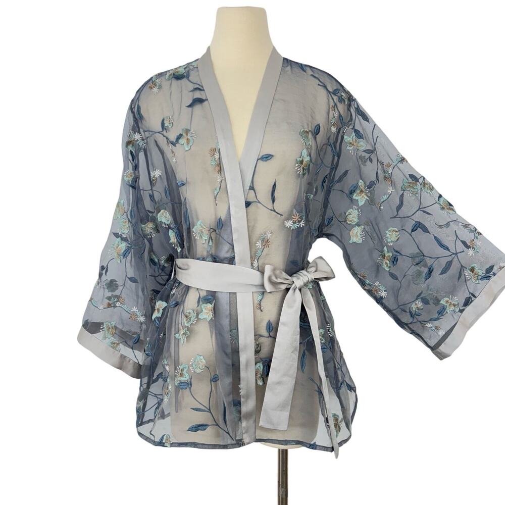 Maison Lejaby Paris Sheer Blue Floral Embroidered Kimono Robe Belted | M